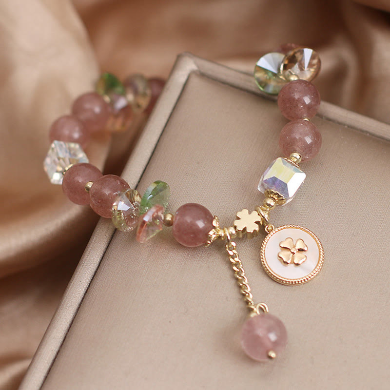 Buddha Stones Strawberry Quartz Lucky Four Leaf Clover Healing Charm Bracelet - image 4