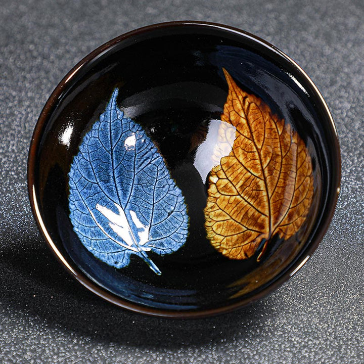 Buddha Stones Gold Maple Leaf Chinese Jianzhan Ceramic Teacup Tenmoku Kung Fu Tea Cup Bowl - Gold Blue Maple Leaf 9cm*4.5cm*120ml - image 14
