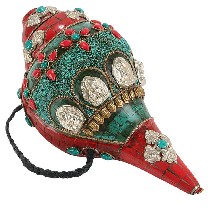 Tibetan Handmade Shankha Om Mani Padme Hum Buddha Avalokitesvara Turquoise Conch Shell Positive Decoration - image 15