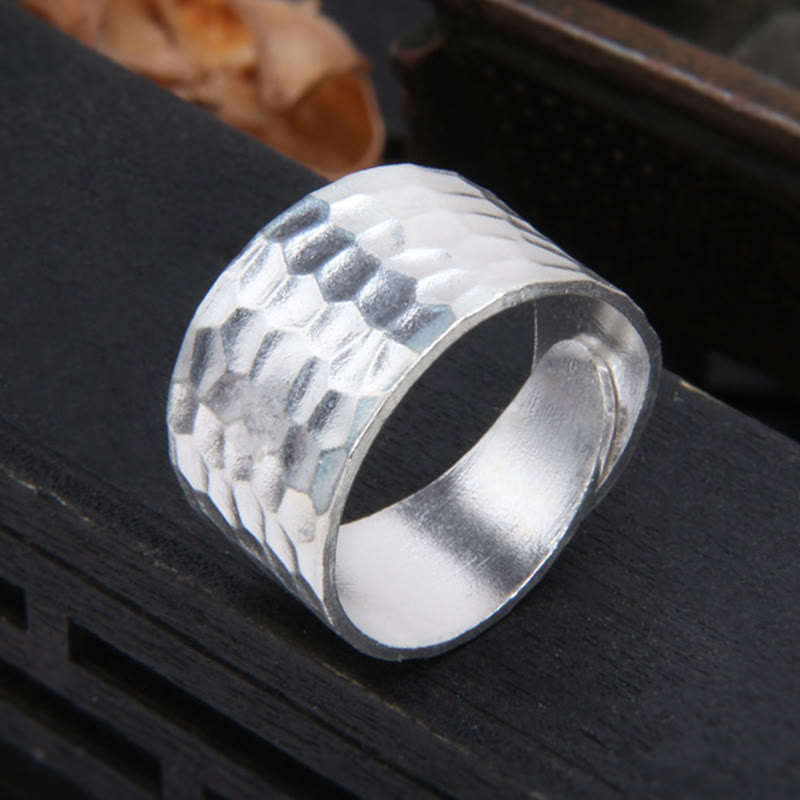 Buddha Stones Tibetan 990 Sterling Silver Handmade Rustic Hammered Pattern Ring - image 5