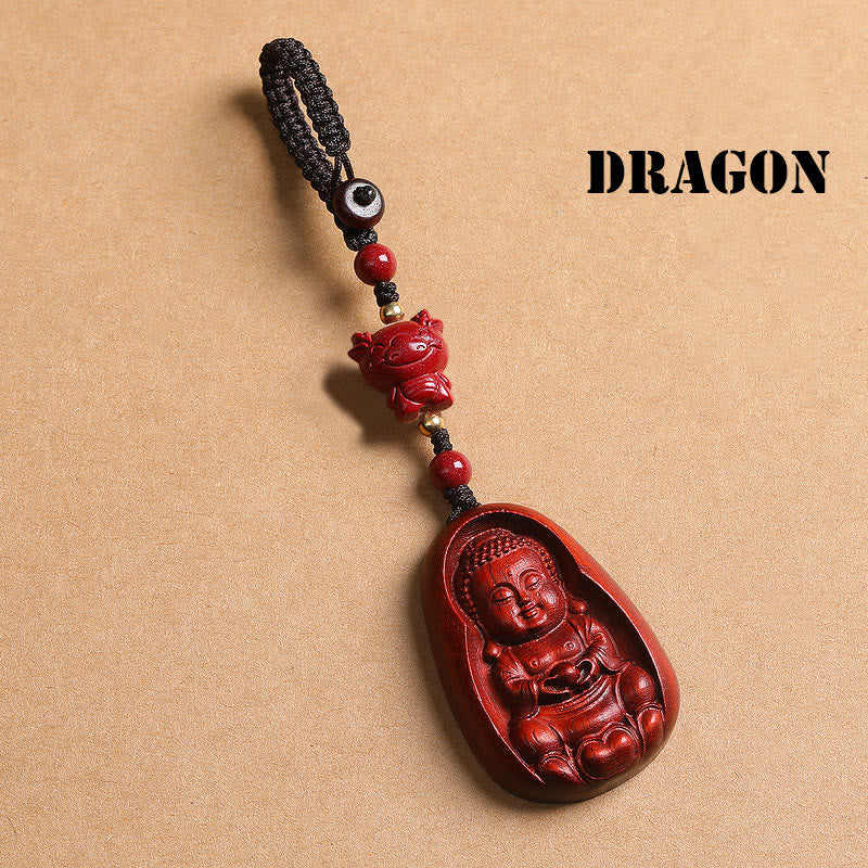 Buddha Stones Small Leaf Red Sandalwood Buddha Cinnabar Chinese Zodiac Amulet Protection Key Chain - Dragon - image 18