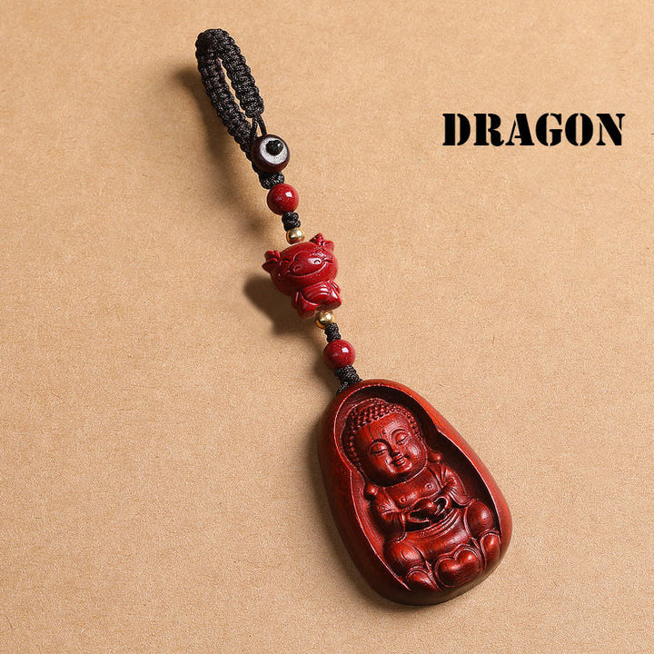 Buddha Stones Small Leaf Red Sandalwood Buddha Cinnabar Chinese Zodiac Amulet Protection Key Chain - Dragon - image 18