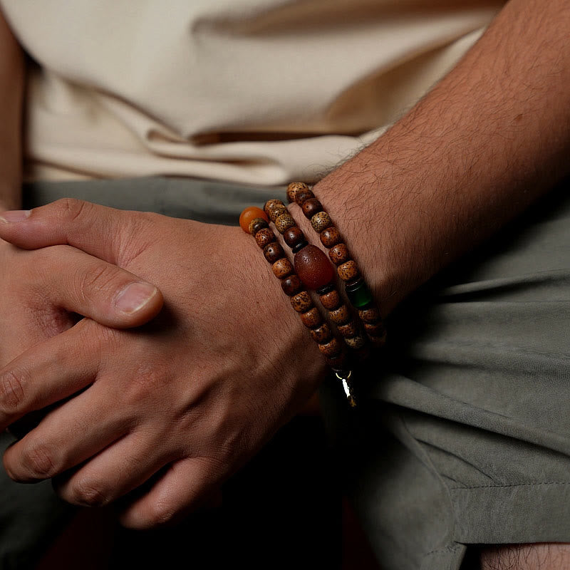 Buddha Stones Tibetan Bodhi Seed Amber Dzi Bead Agate Zakiram Goddess of Wealth Beads Triple Wrap Bracelet - image 13