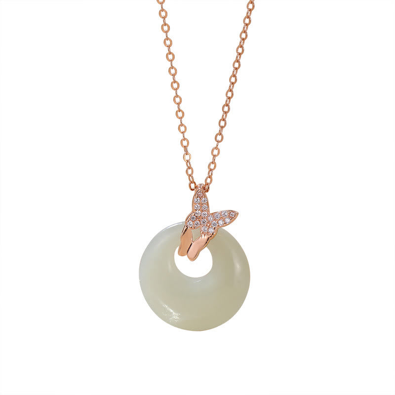 Buddha Stones 925 Sterling Silver Natural Hetian Jade Zircon Butterfly Luck Necklace Pendant - image 2