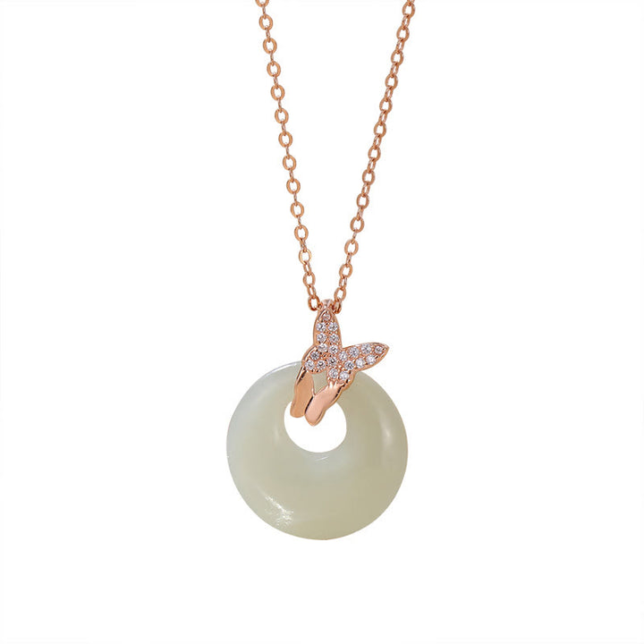Buddha Stones 925 Sterling Silver Natural Hetian Jade Zircon Butterfly Luck Necklace Pendant - image 2