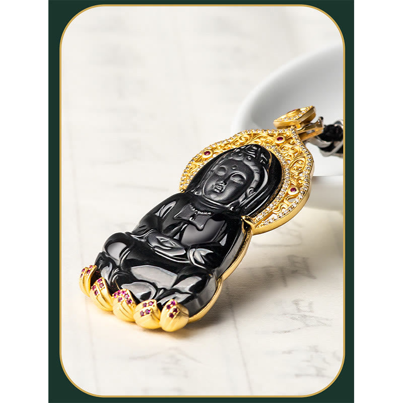 Buddha Stones 925 Sterling Silver Natural Black Jade Kwan Yin Avalokitesvara Wealth Necklace Pendant - image 6