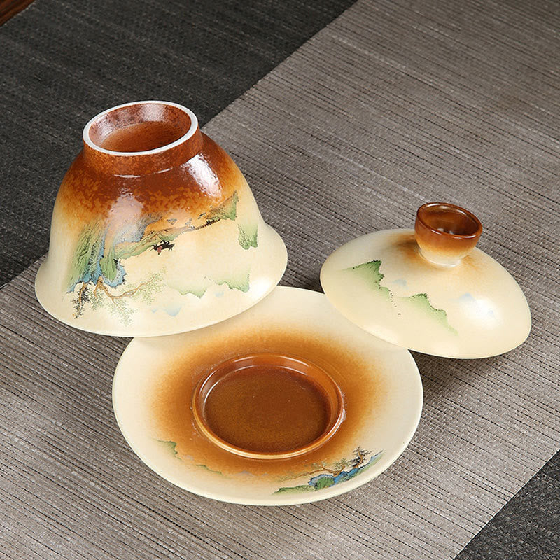 Buddha Stones Mountain Landscape Countryside Ceramic Gaiwan Sancai Teacup Kung Fu Tea Cup And Saucer With Lid - image 3