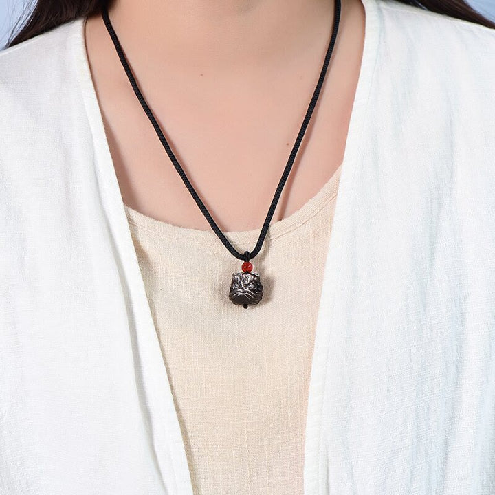 Buddha Stones Natural Silver Sheen Obsidian Dancing Lion Protection Necklace Pendant - image 6