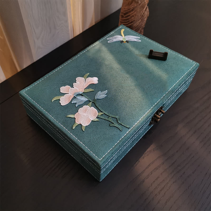 Buddha Stones Flowers Dragonfly Jewelry Box Organizer Single Layer Jewelry Storage Box Flannel Box - Dark Green 28cm*19cm*6.5cm - image 0