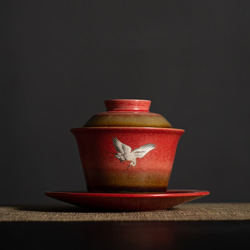 Buddha Stones Red Auspicious Crane Ceramic Gaiwan Sancai Teacup Kung Fu Tea Cup And Saucer With Lid - 12.4cm*8.8cm*100ml - image 0