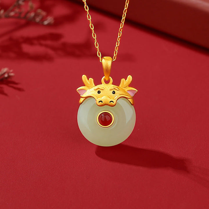 Buddha Stones 925 Sterling Silver Hetian Jade Chinese Zodiac Year of the Dragon Red Agate Luck Protection Necklace Pendant - Dragon - image 0