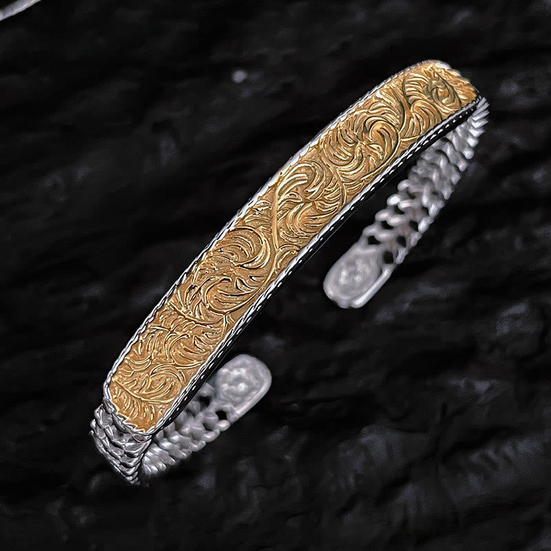 Buddha Stones Tang Dynasty Flower Design Engraved Copper Luck Cuff Bracelet Bangle Adjustable Ring - Gold Tang Dynasty Flower Design - Bracelet Bangle - image 2