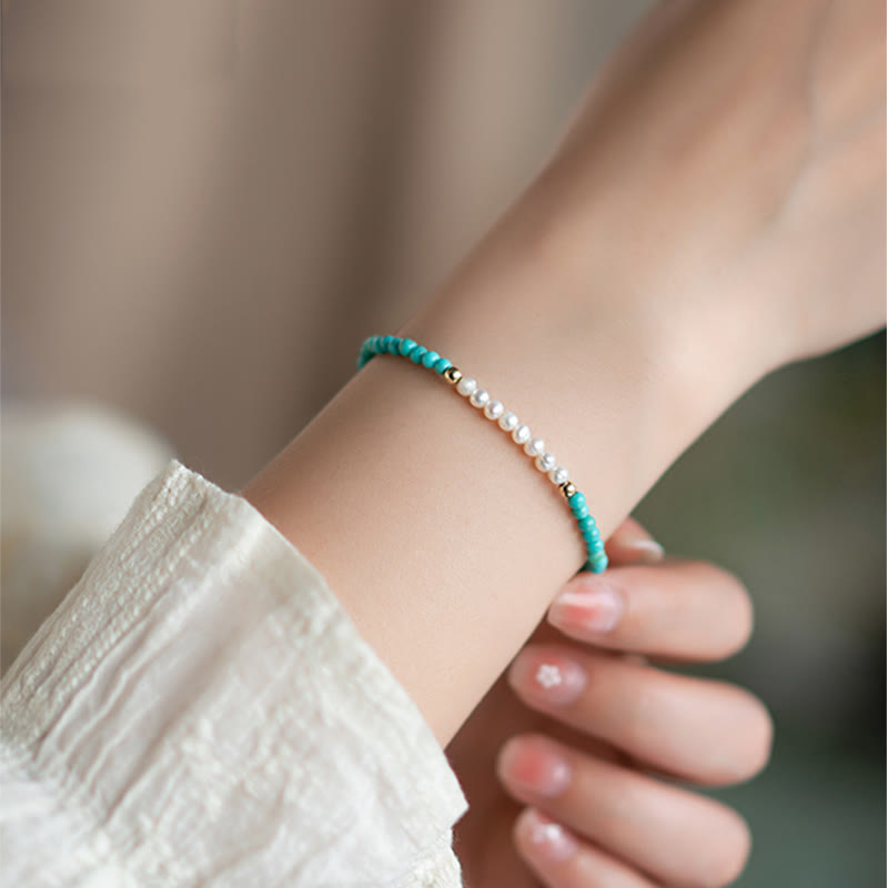 Buddha Stones 925 Sterling Silver Natural Turquoise Pearl Beaded Bracelet - image 1