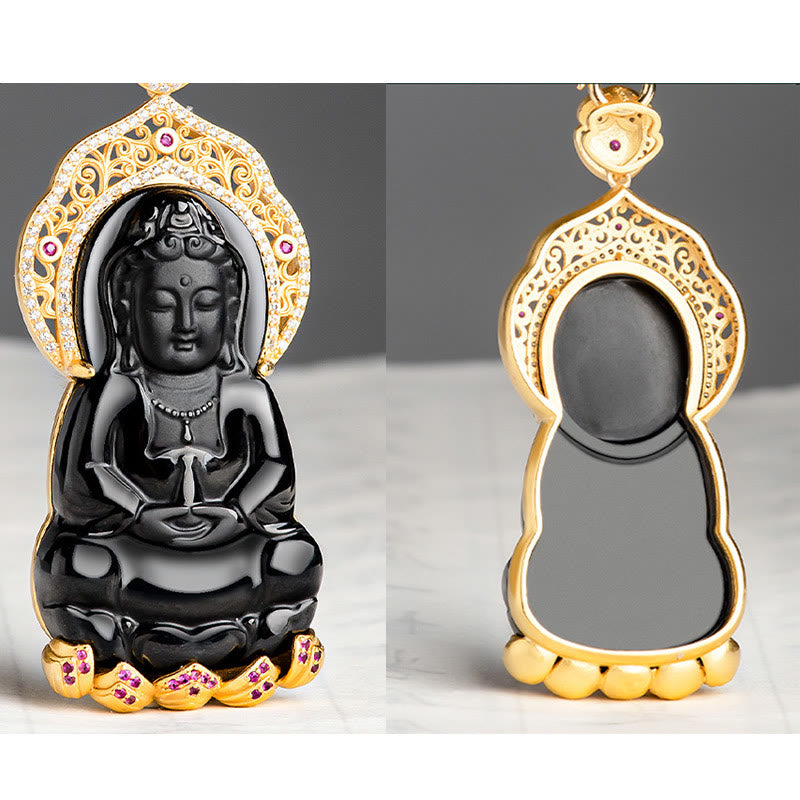 Buddha Stones 925 Sterling Silver Natural Black Jade Kwan Yin Avalokitesvara Wealth Necklace Pendant - image 4