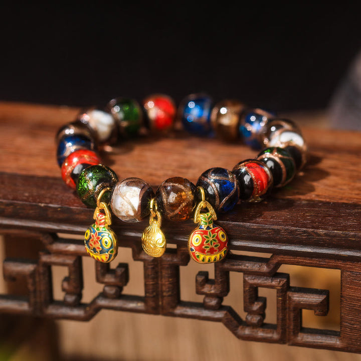 Buddha Stones Five Elements Gold Swallowing Beast Family Charm Liuli Glass Bead Luck Bracelet - Liuli Glass Bead&Small Blue Red Gold Swallowing Beast Family - 14mm(15 Beads) - image 5