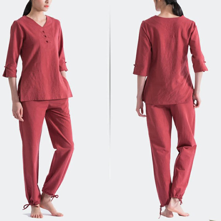 Buddha Stones Yoga Meditation Prayer V-neck Design Cotton Linen Clothing Uniform Zen Practice Women's Set - image 13