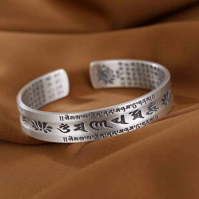 Buddha Stones 999 Sterling Silver Om Mani Padme Hum Lotus Wisdom Bracelet Bangle - image 1