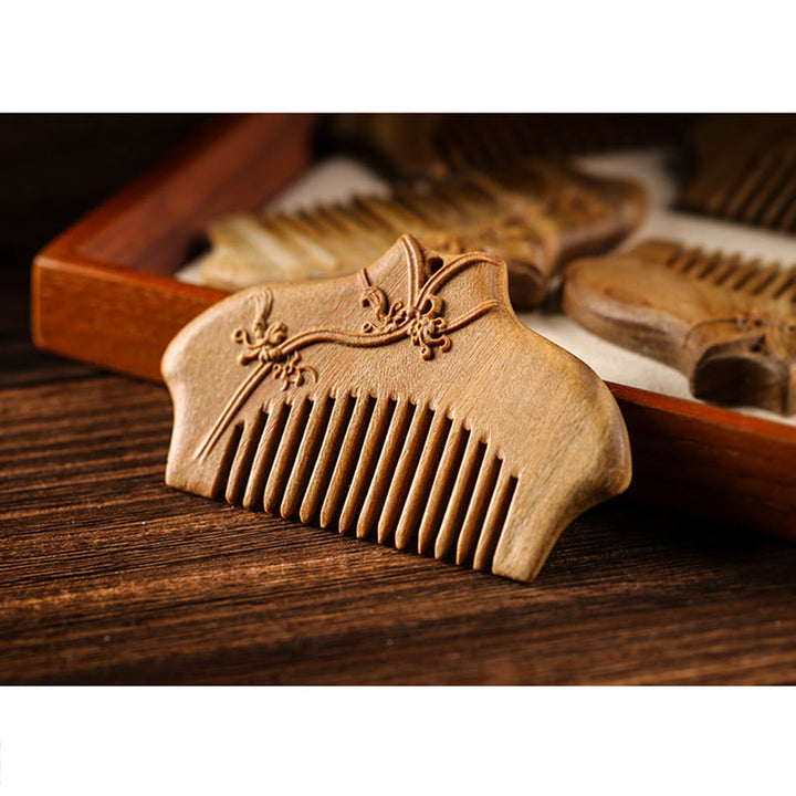 Buddha Stones Green Sandalwood Flower Pattern Engraved Soothing Comb - image 5