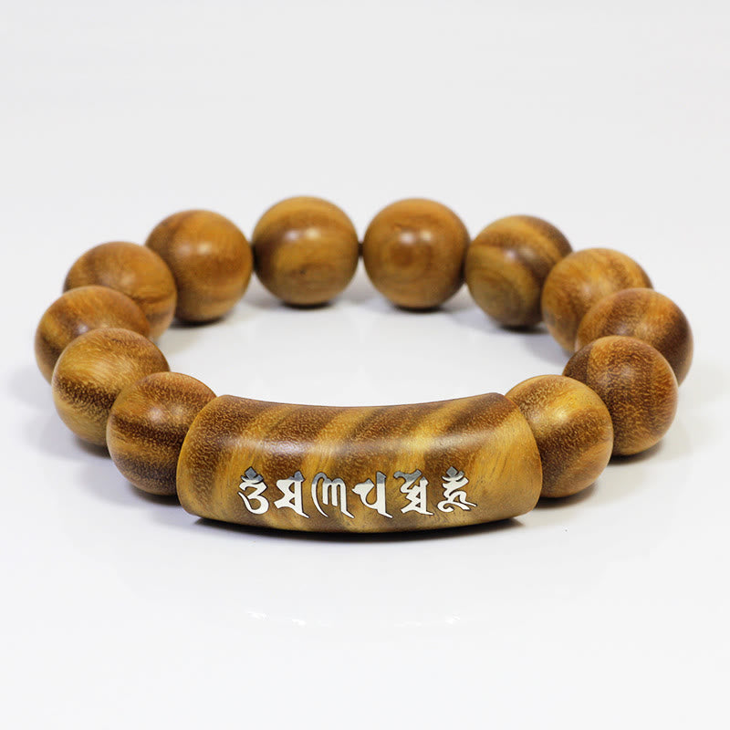 Buddha Stones 999 Sterling Silver Green Sandalwood Om Mani Padme Hum Dragon Phoenix Dharmachakra Inlaid Peace Bracelet - Om Mani Padme Hum - 15mm - image 0