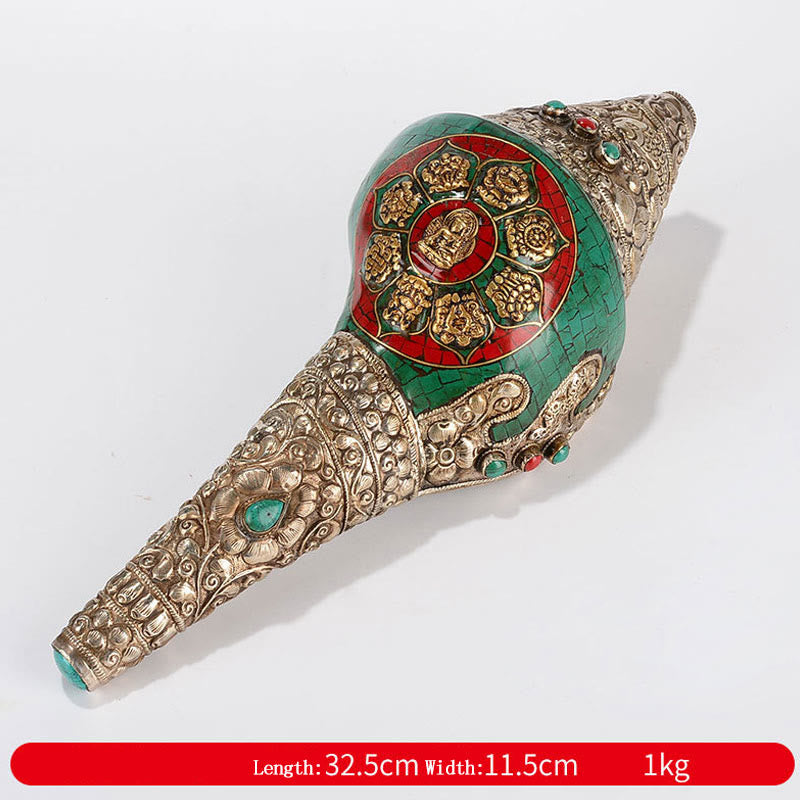 Tibetan Handmade Shankha Om Mani Padme Hum Buddha Avalokitesvara Turquoise Conch Shell Positive Decoration - Eight Auspicious Symbols-Sakyamuni 32.5*11.5cm - image 19