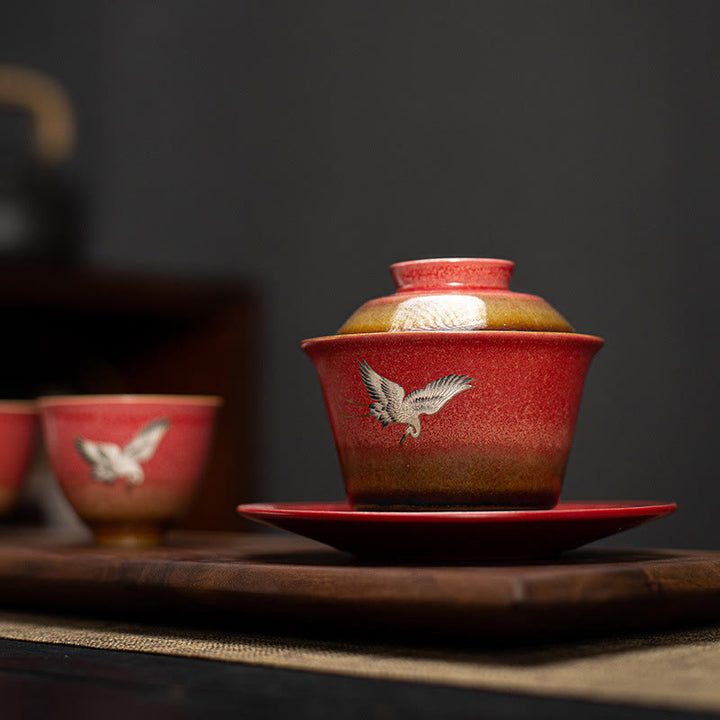 Buddha Stones Red Auspicious Crane Ceramic Gaiwan Sancai Teacup Kung Fu Tea Cup And Saucer With Lid - image 2