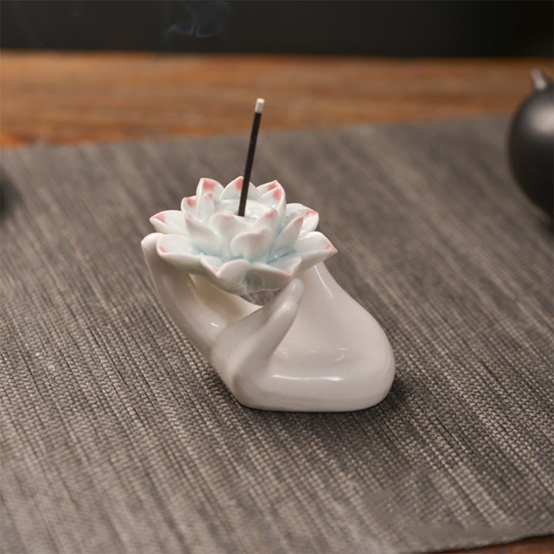 Buddha Stones Small Ceramic Lotus Hand Healing Meditation Incense Burner Decoration - Lotus Hand - image 0