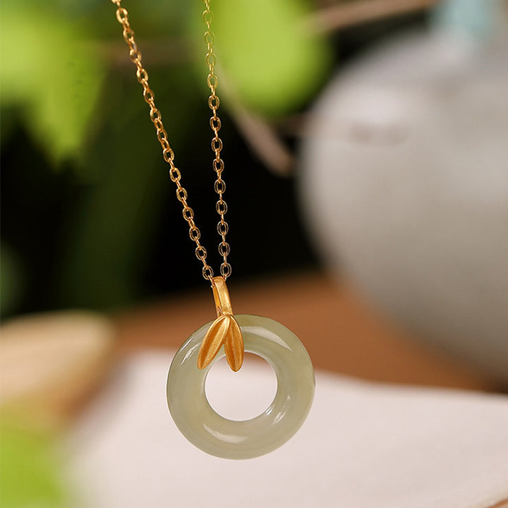 Buddha Stones 925 Sterling Silver Cyan Jade Peace Buckle Bamboo Leaf Harmony Necklace Pendant - image 4