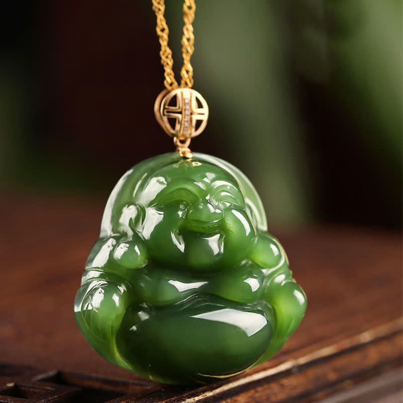 Buddha Stones 925 Sterling Silver Laughing Buddha Hetian Cyan Jade 18K Gold Success Necklace Chain Pendant - image 1