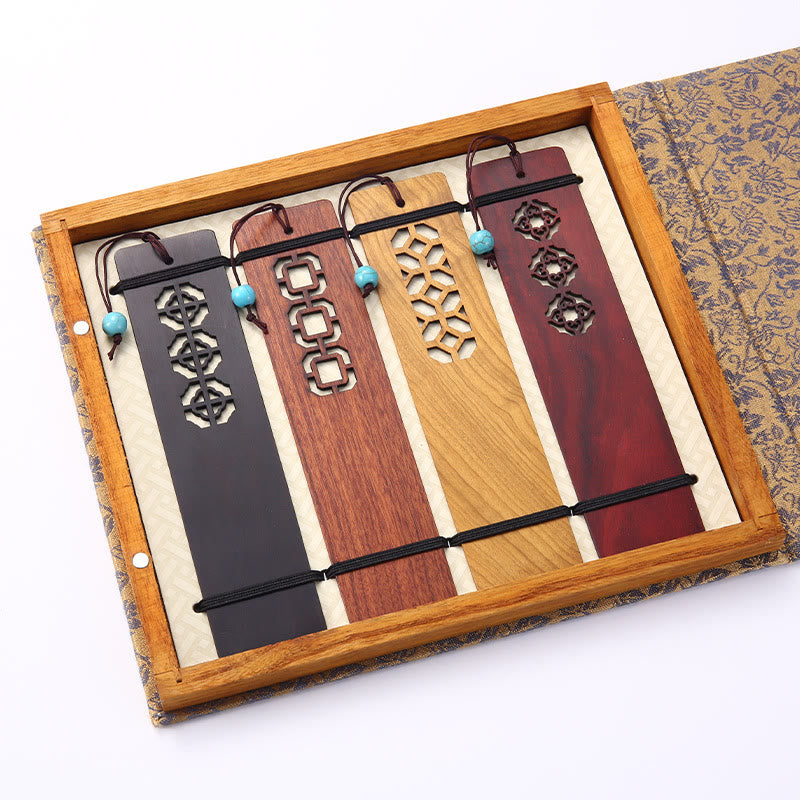Buddha Stones 4Pcs Four Seasons Plum Orchid Bamboo Chrysanthemum Peking Opera Mask Wood Bookmarks With Gift Box - 4Pcs Ancient Window - image 15
