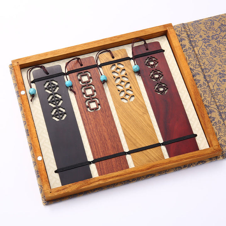 Buddha Stones 4Pcs Four Seasons Plum Orchid Bamboo Chrysanthemum Peking Opera Mask Wood Bookmarks With Gift Box - 4Pcs Ancient Window - image 15
