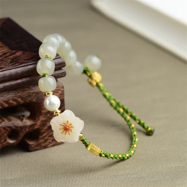 Buddha Stones 925 Sterling Silver Natural Hetian Jade Peach Blossom Luck Bracelet - image 1