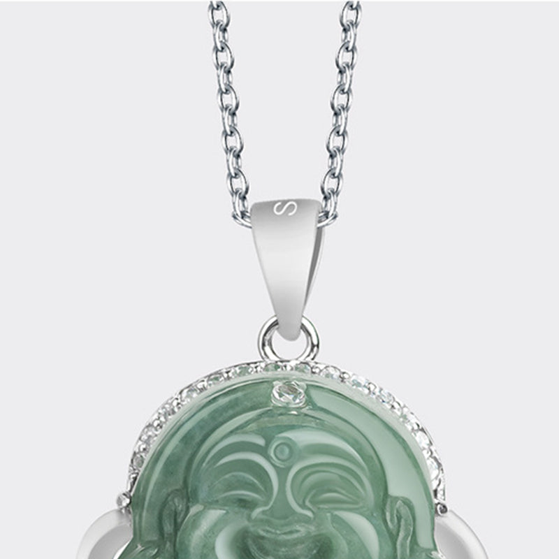 Buddha Stones 925 Sterling Silver Laughing Buddha Jade Abundance Necklace Chain Pendant - image 6