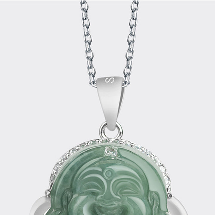 Buddha Stones 925 Sterling Silver Laughing Buddha Jade Abundance Necklace Chain Pendant - image 6