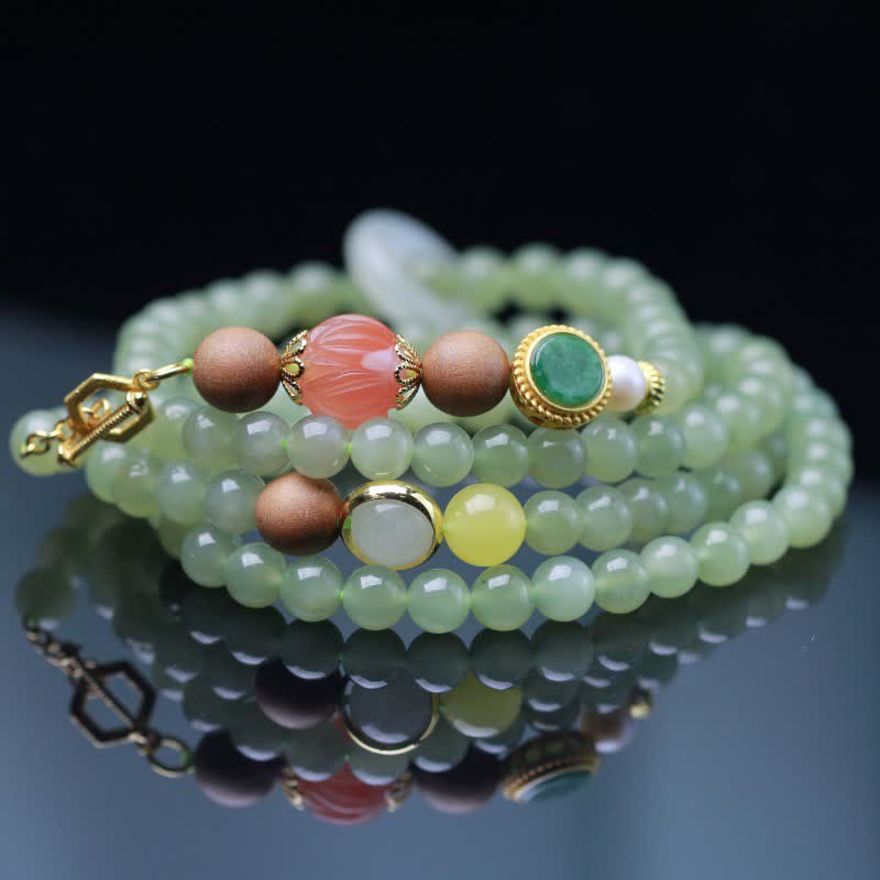 Buddha Stones Natural Hetian Jade Amber Lotus Red Agate Luck Abundance Bracelet - image 2