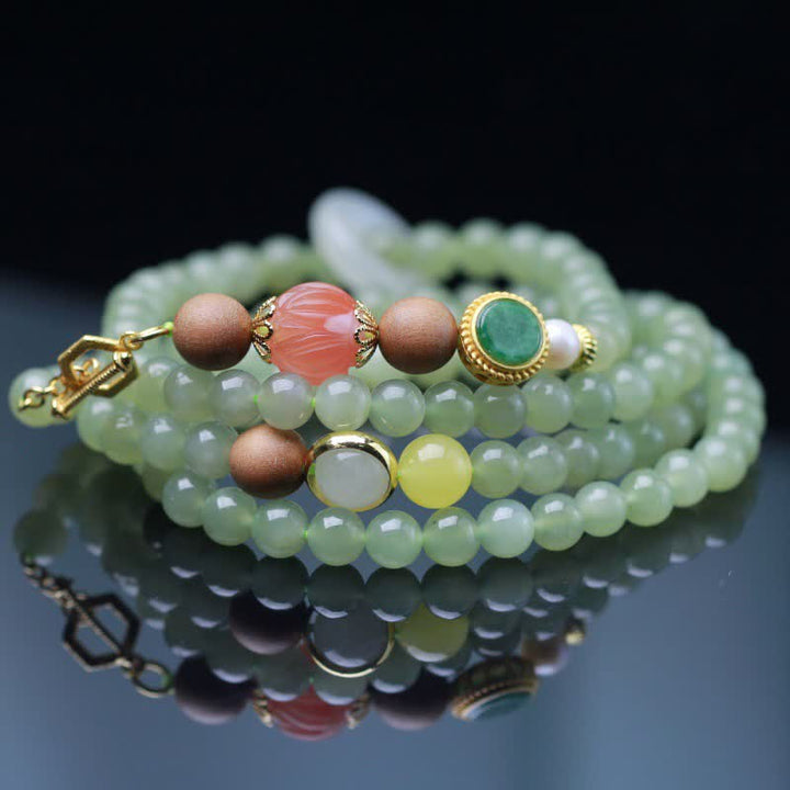 Buddha Stones Natural Hetian Jade Amber Lotus Red Agate Luck Abundance Bracelet - image 2