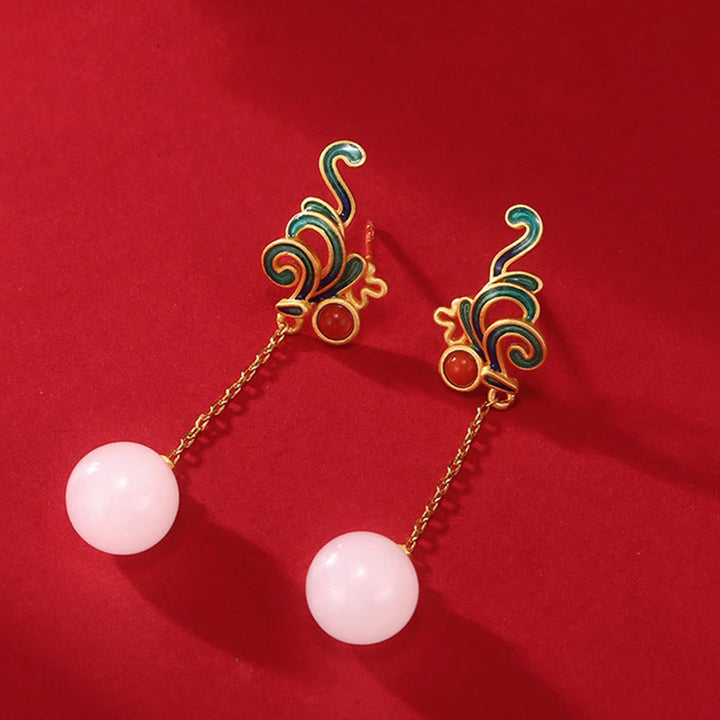 Buddha Stones Vintage White Jade Red Agate Bead Blessing Drop Dangle Earrings - image 2