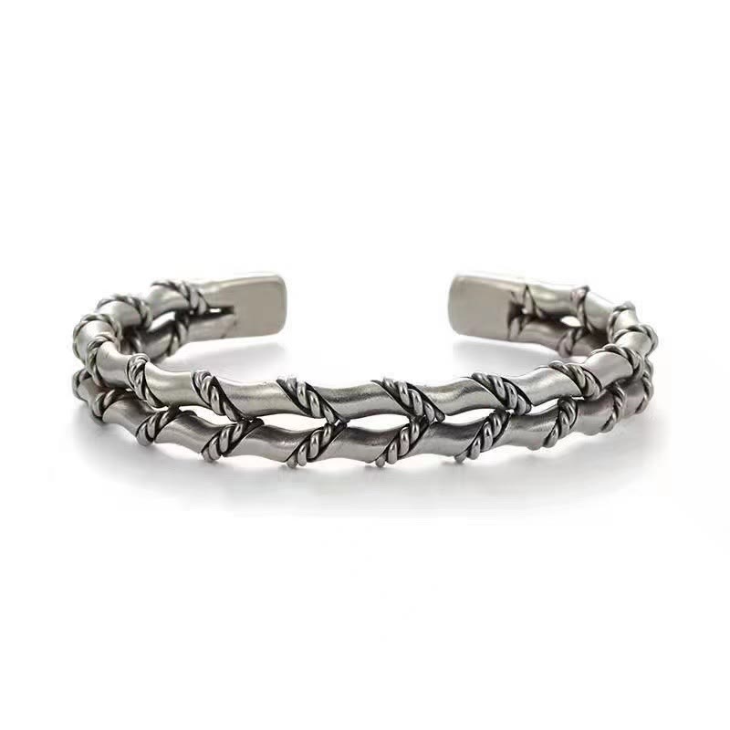 Buddha Stones Vintage Double Layer Bamboo Pattern Luck Cuff Bracelet Bangle - image 1