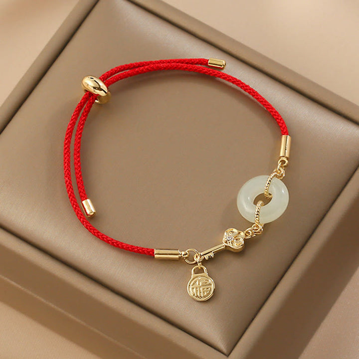 Buddha Stones 18K Gold Plated Hetian Jade Peace Buckle Fu Character Luck Red Rope Bracelet - 14-22cm - image 0