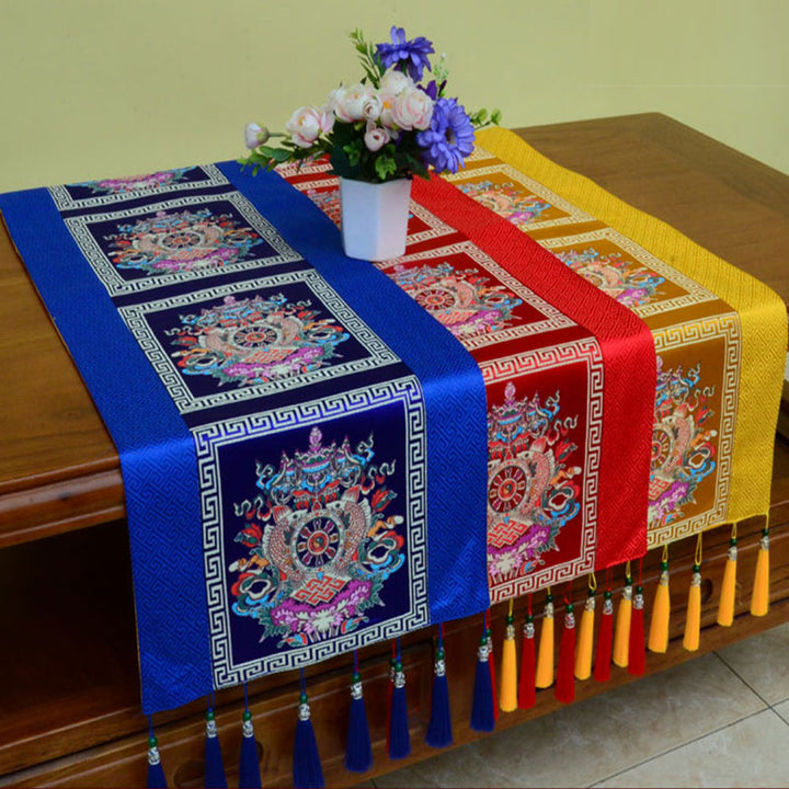 Buddha Stones Prayer Altar Mat Man-Bcu Kalachakra Endless Knot Vajra Tibetan Auspicious Symbols Tassels Table Runner - image 2