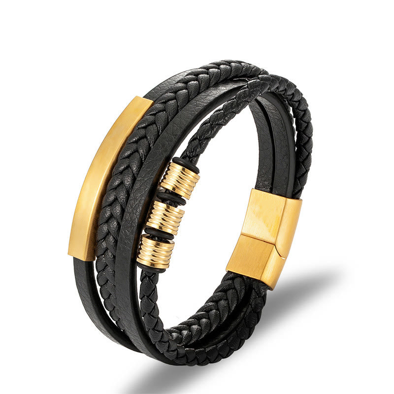 Buddha Stones Leather Multi-Layer Titanium Steel Balance Braided Magnetic Buckle Bracelet - Gold 21.5cm - image 12