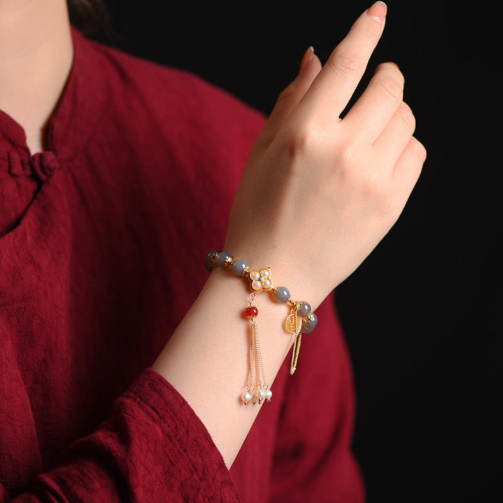 Buddha Stones Natural Gray Agate Fu Character Pearl Tassel Balance Bracelet - image 9