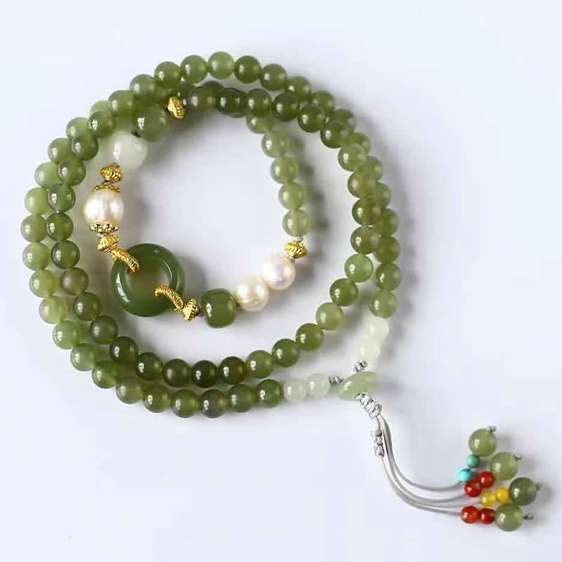 Buddha Stones Hetian Jade Pearl Peace Buckle Luck Wealth String Bracelet - image 1