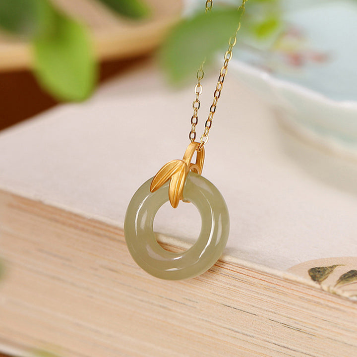 Buddha Stones 925 Sterling Silver Cyan Jade Peace Buckle Bamboo Leaf Harmony Necklace Pendant - Cyan Jade (Success ♥ Healing) - image 0