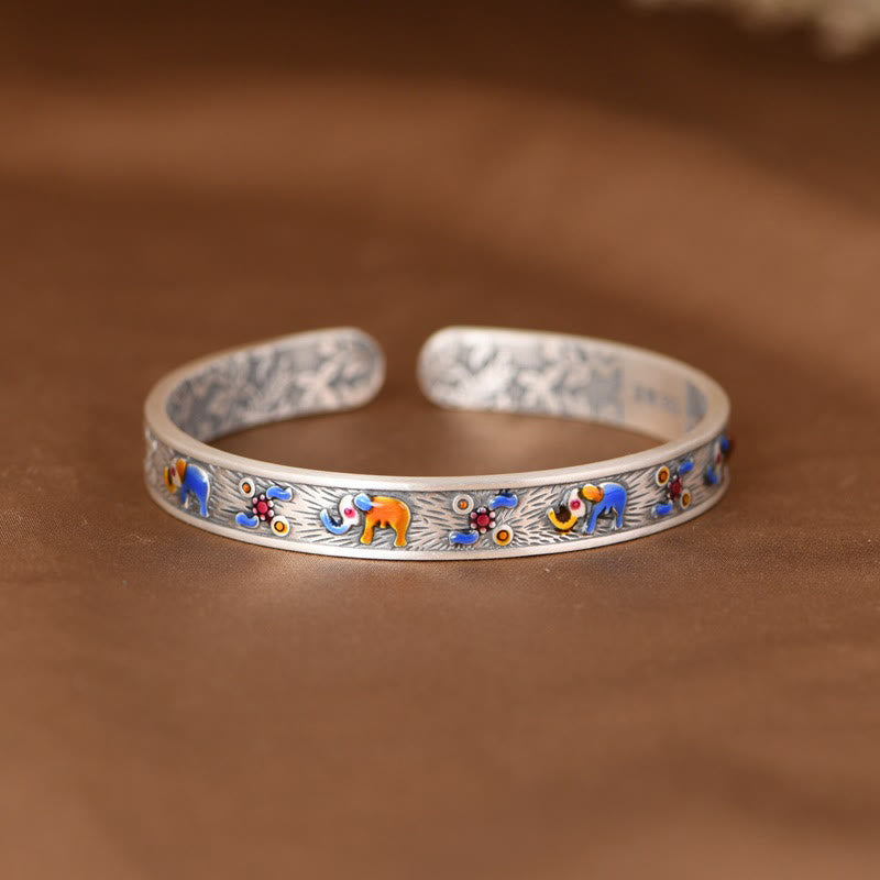 Buddha Stones 999 Sterling Silver Elephant Strength Wisdom Bracelet Cuff Bangle - 55mm(Adjustable) - image 0