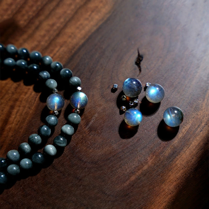 Buddha Stones 925 Sterling Silver 108 Mala Beads Eagle's Eye Stone Moonstone Positive Bracelet - image 9