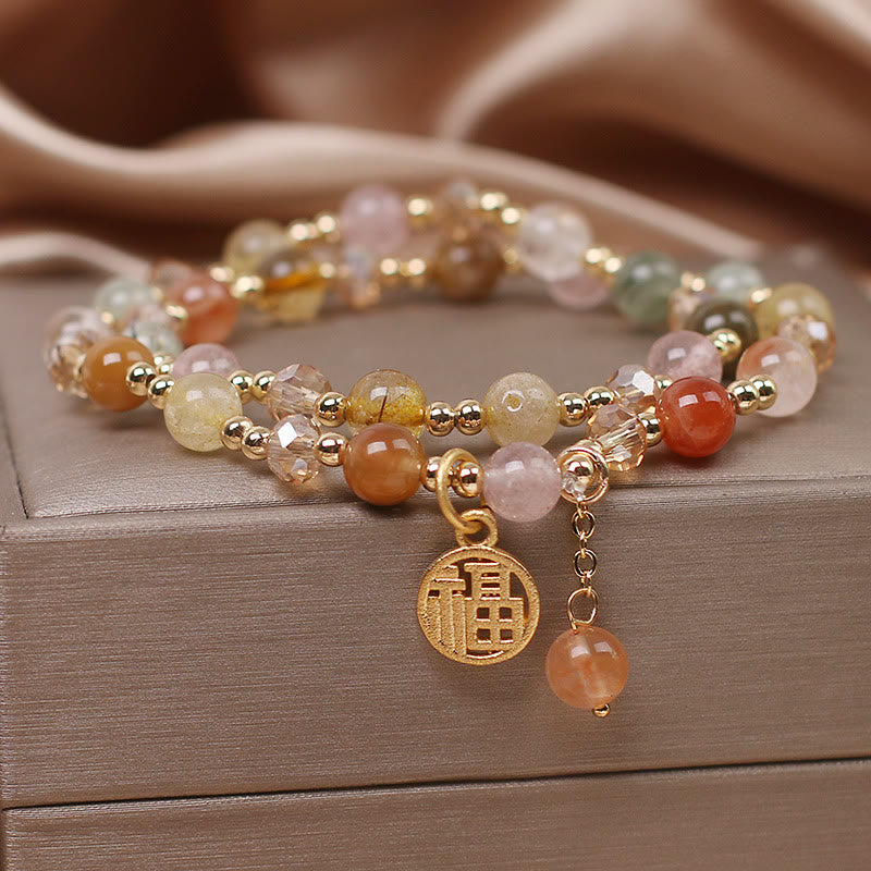 Buddha Stones Multicolored Rutilated Quartz Fu Character Auspiciousness Bracelet - image 3
