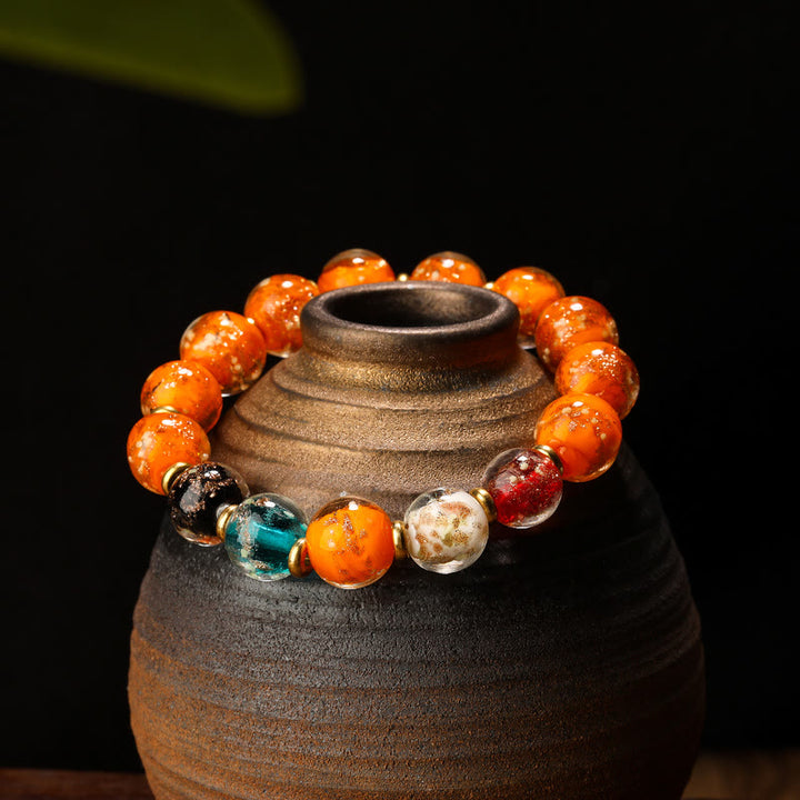 Buddha Stones Luminous Liuli Glass Bead Luck Fluorescent Bracelet - Orange&Four Colors Beads - 12mm - image 4