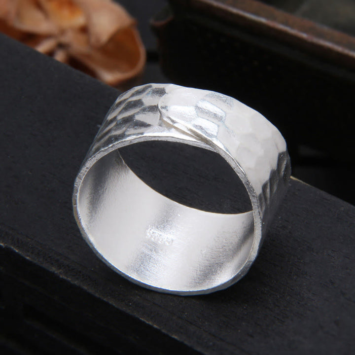 Buddha Stones Tibetan 990 Sterling Silver Handmade Rustic Hammered Pattern Ring - image 4