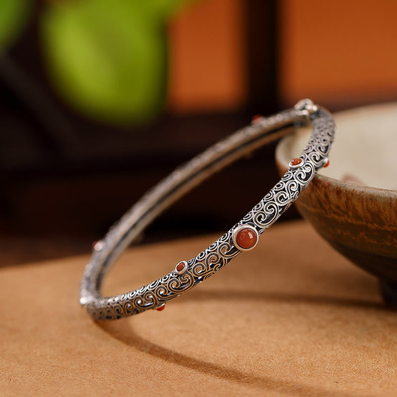 Vintage Tang Dynasty Flower Design Engraved Red Agate Copper Luck Bracelet Bangle - image 8