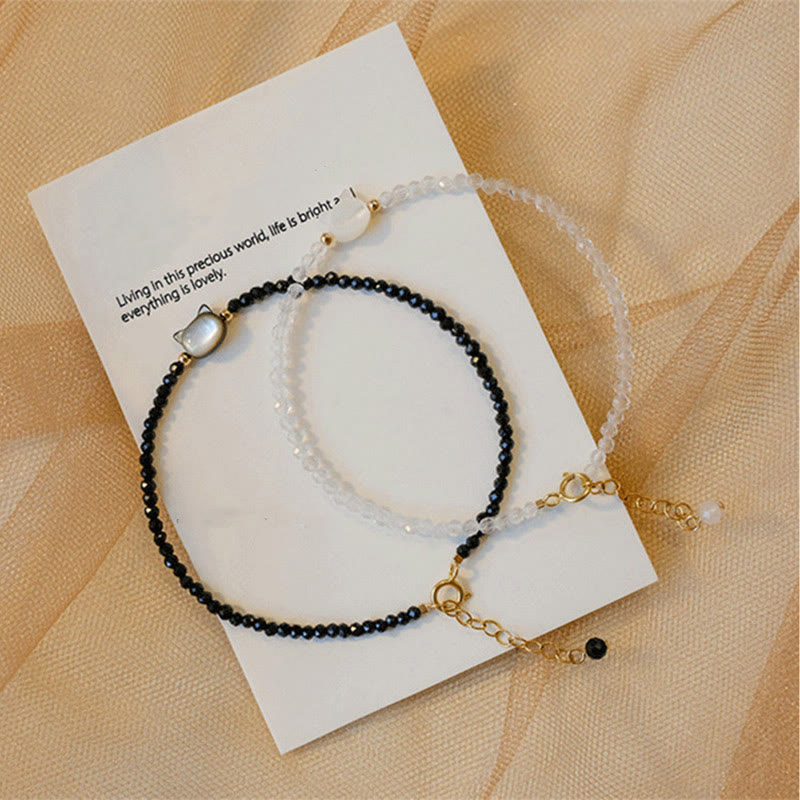 Buddha Stones 14K Gold Plated Black Spinel White Crystal Cute Cat Tridacna Stone Healing Bracelet - image 15